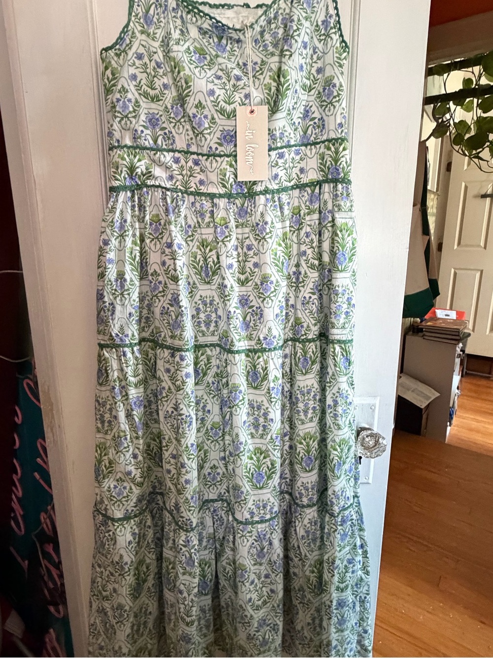 Sleeveless Floral Tiered Maxi Dress in Green and Blue Large